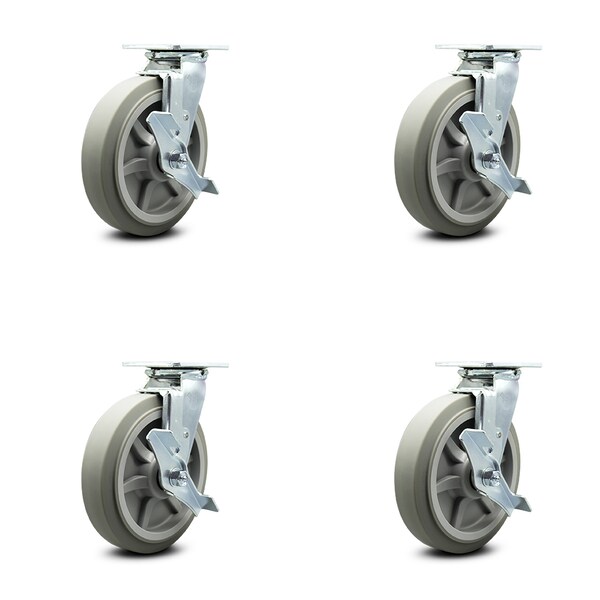 8 Inch Thermoplastic Rubber Caster Set with Ball Bearings and Brake/Swivel Lock